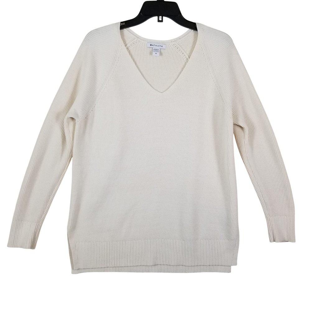 Athleta Hanover V-Neck Sweater Womens Medium Cream Merino Wool Blend Ribbed Knit